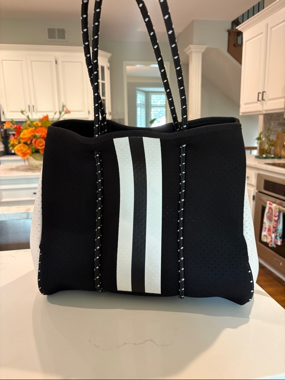 Black and White Neoprene Tote Bag - Sporty Stripe
